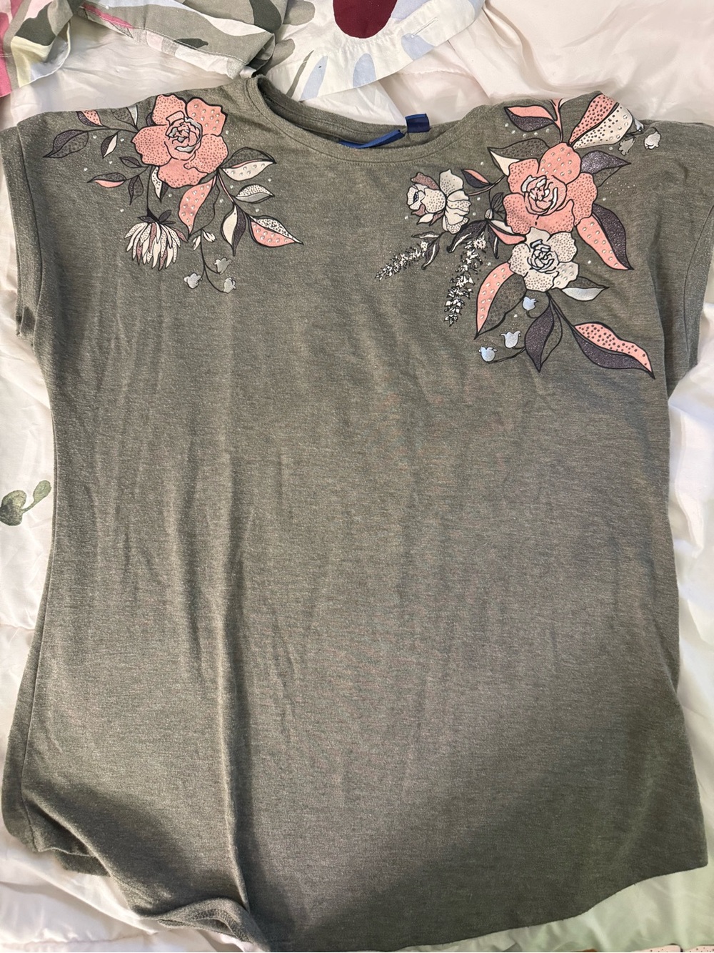 Apt. 9 Olive Green Tee with Pink Floral Shoulder Accents